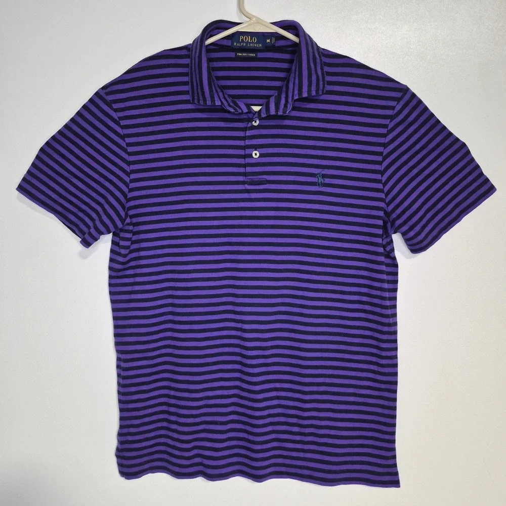 Polo Ralph Lauren Polo Shirt Mens Medium Purple Striped‎ Pima Soft Touch Pony